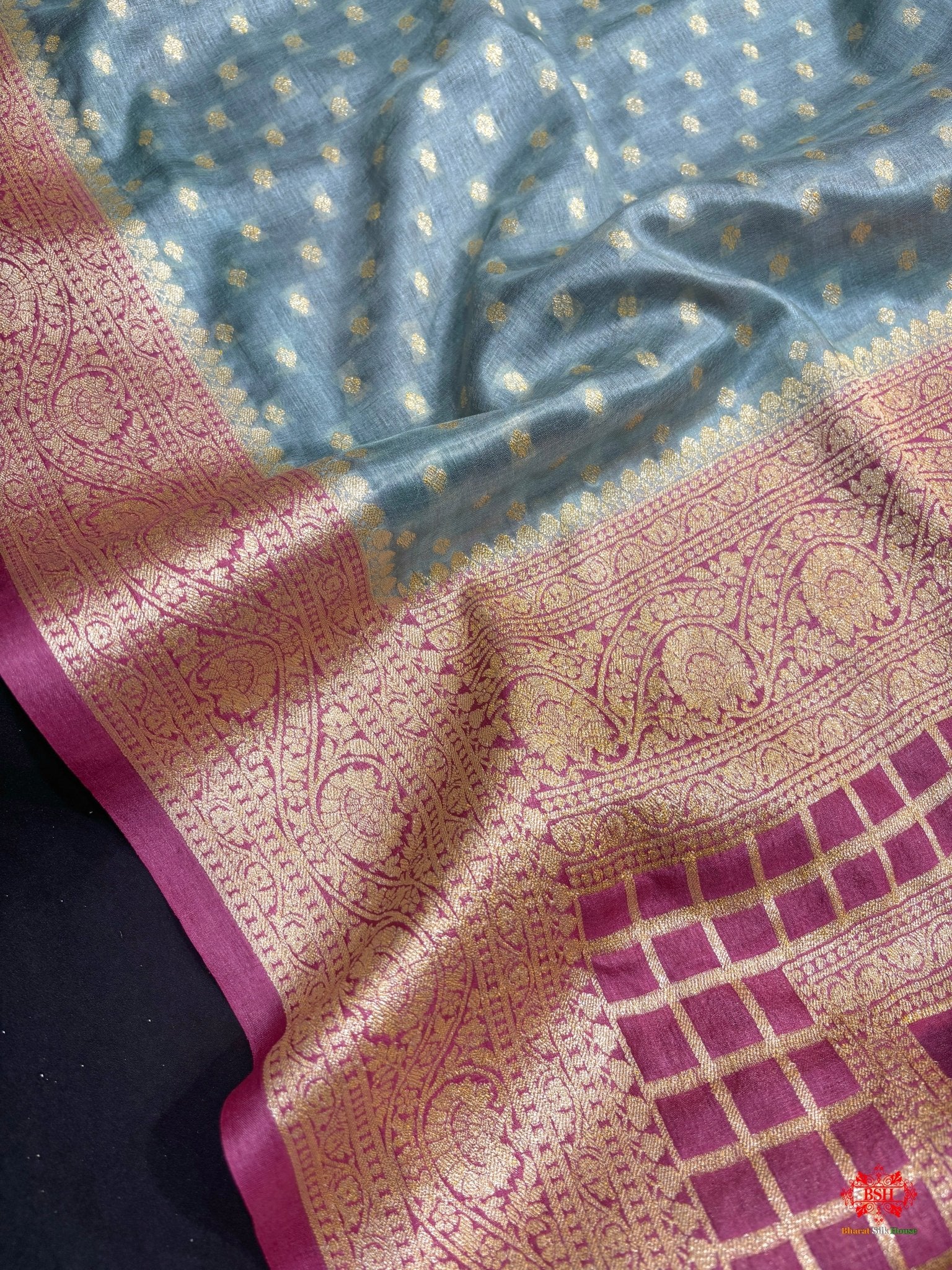 Pure Chiffon Silk All Over Booti Saree With Pink Border - Bharat Silk House Chiffon Sarees