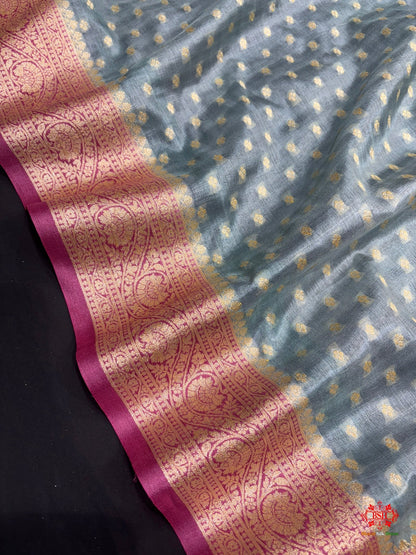 Pure Chiffon Silk All Over Booti Saree With Pink Border - Bharat Silk House Chiffon Sarees