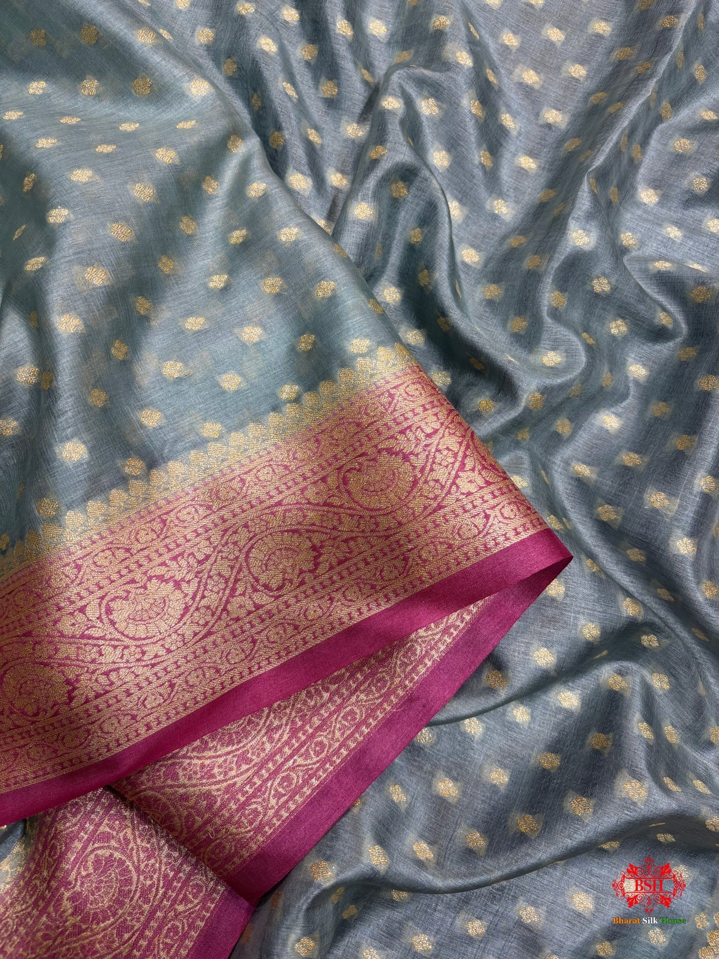 Pure Chiffon Silk All Over Booti Saree With Pink Border - Bharat Silk House Chiffon Sarees