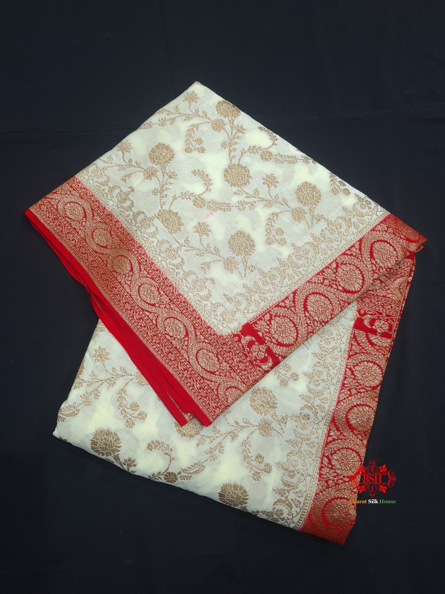 Pure Chiffon White With Red Border Saree - Bharat Silk House