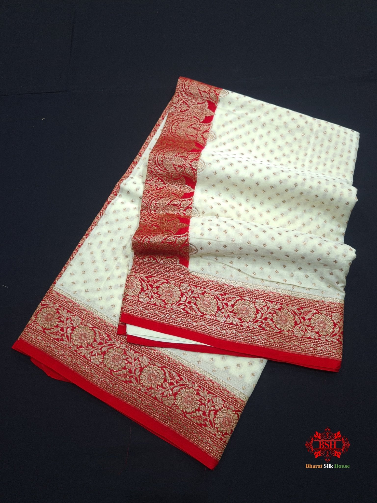 Pure Crepe White With Red Border Saree - Bharat Silk House