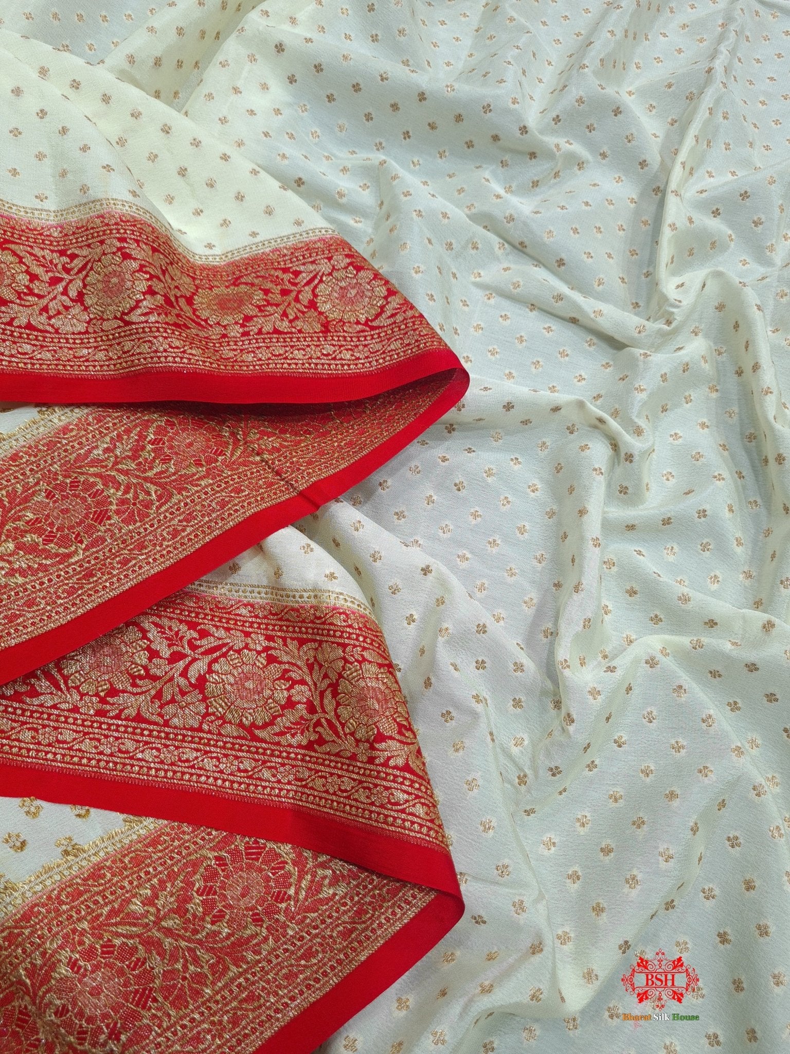 Pure Crepe White With Red Border Saree - Bharat Silk House