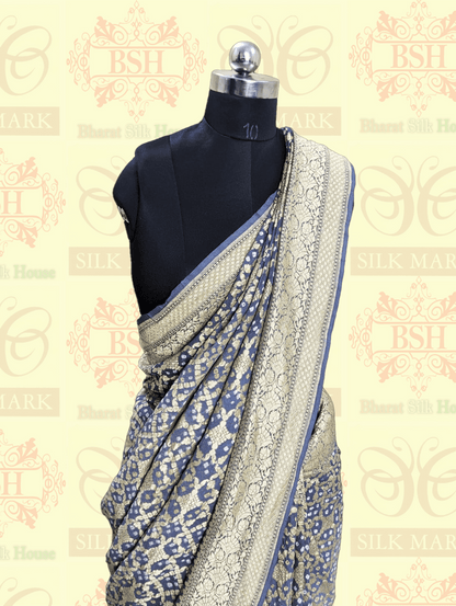 Pure Georgette Banarasi Bandhej Handloom Saree In Dual Shades Of Grey - Bharat Silk House