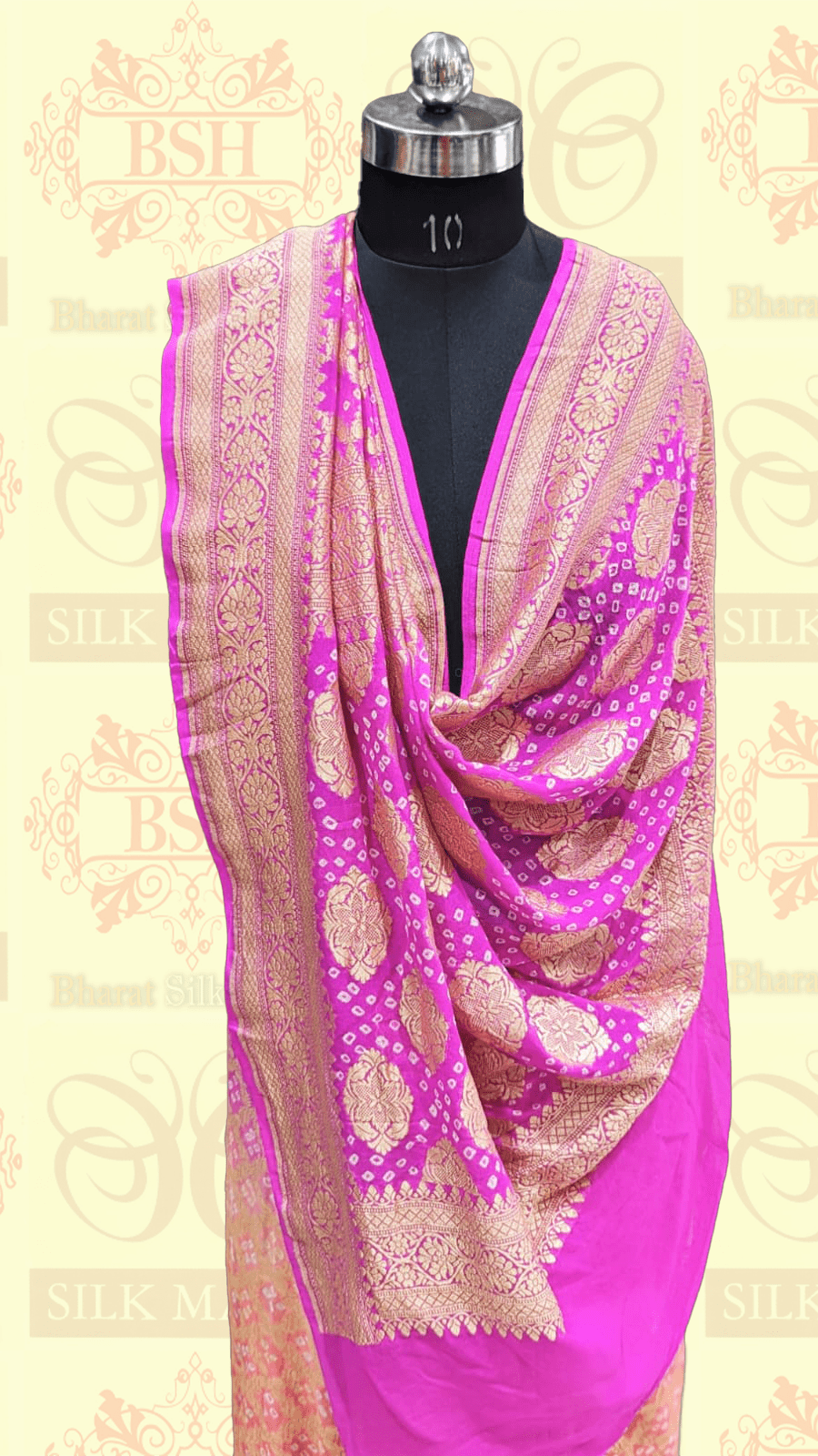 Pure Georgette Banarasi Bandhej Handloom Saree In Dual Shades Of Pink/Orange - Bharat Silk House