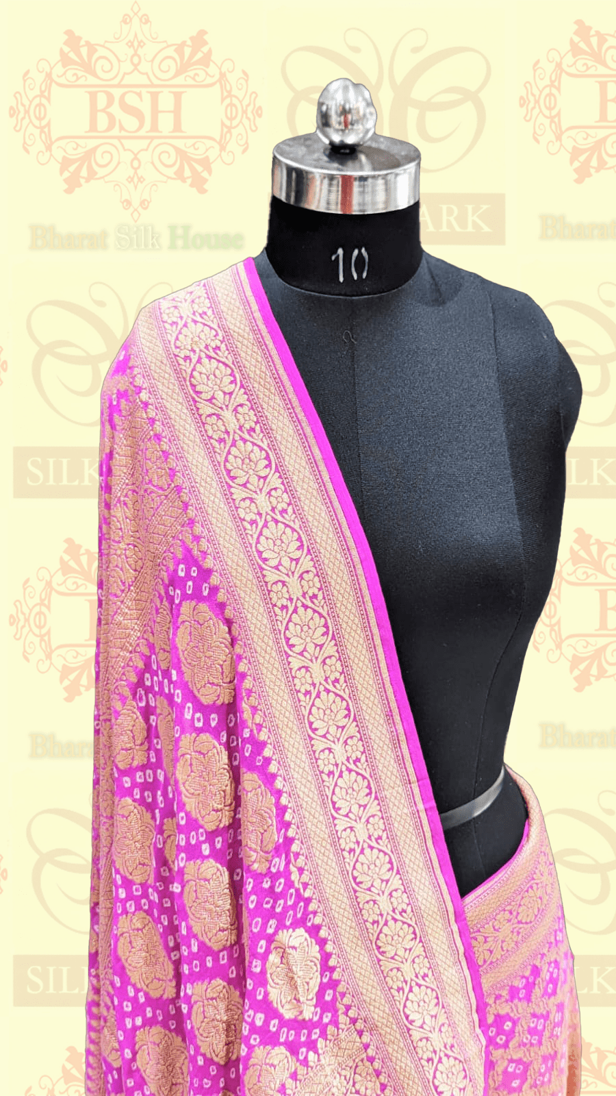 Pure Georgette Banarasi Bandhej Handloom Saree In Dual Shades Of Pink/Orange - Bharat Silk House