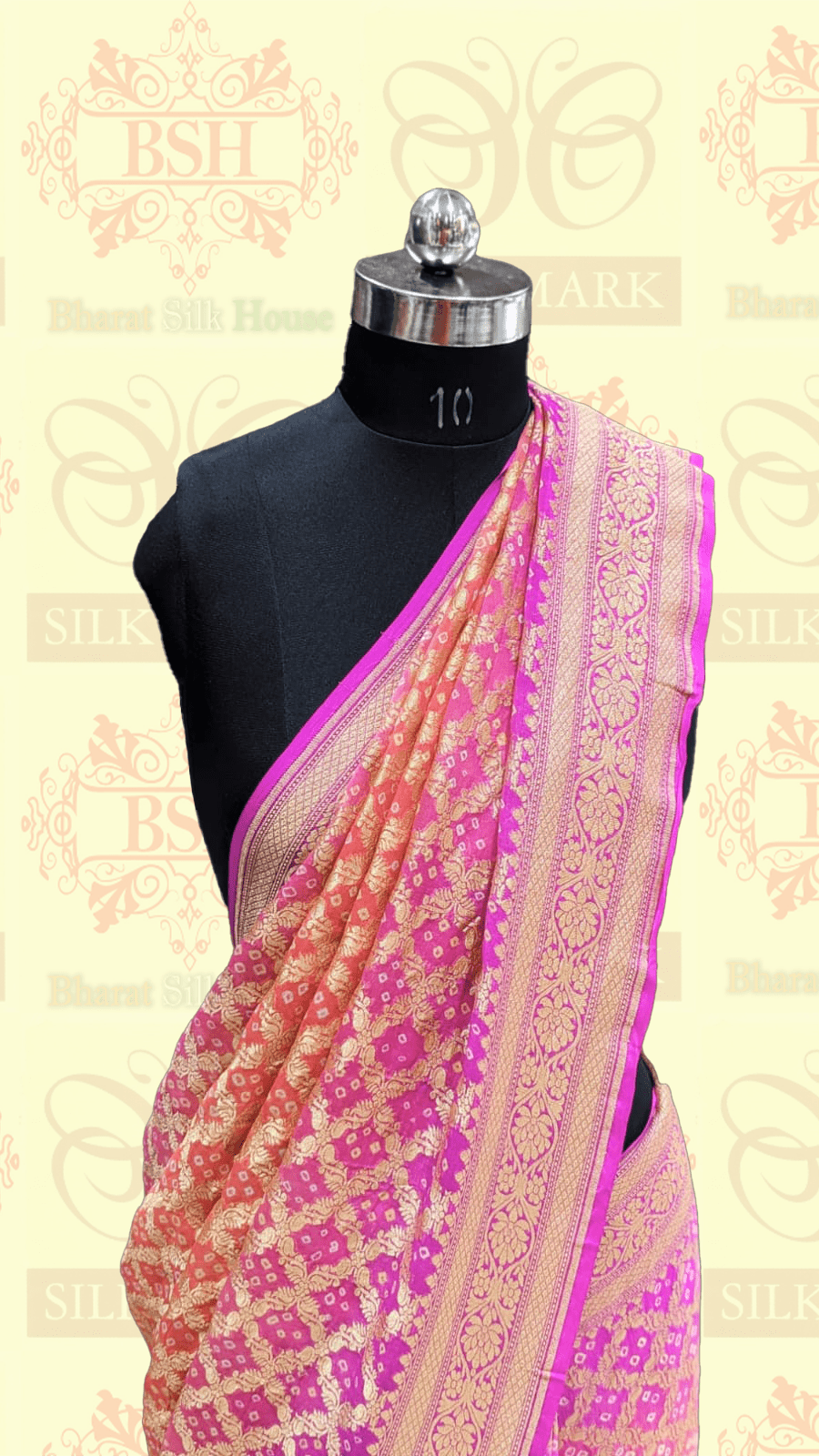 Pure Georgette Banarasi Bandhej Handloom Saree In Dual Shades Of Pink/Orange - Bharat Silk House