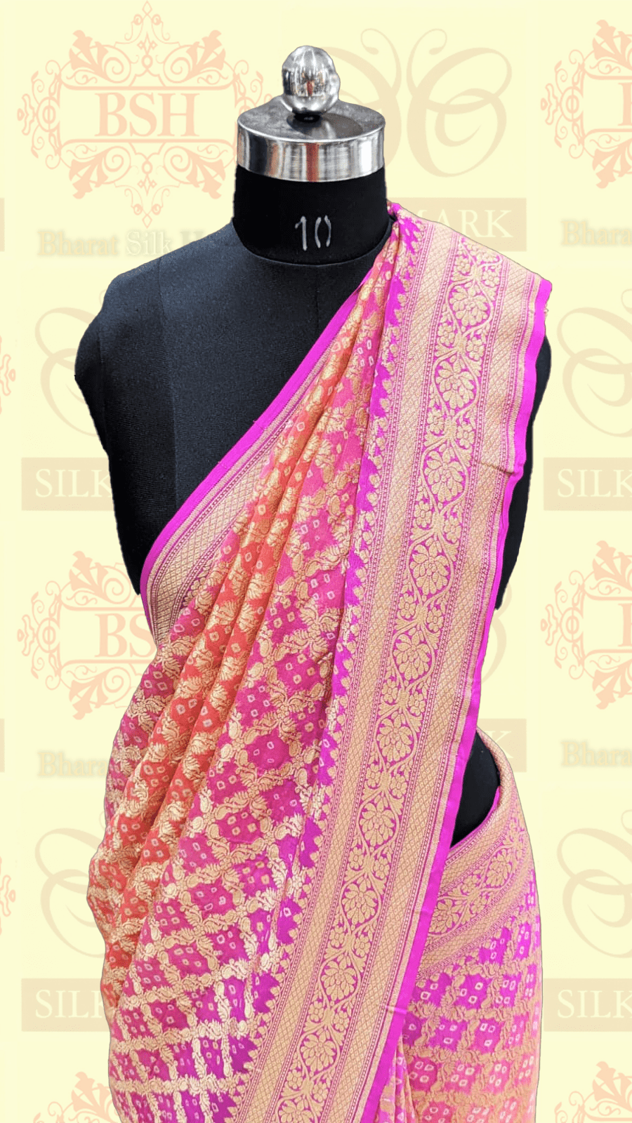 Pure Georgette Banarasi Bandhej Handloom Saree In Dual Shades Of Pink/Orange - Bharat Silk House