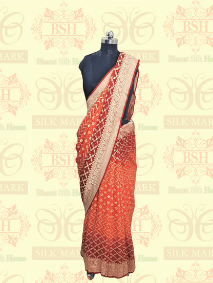 Pure Georgette Banarasi Bandhej Handloom Saree In Dual Shades Of Red & Orange - Bharat Silk House