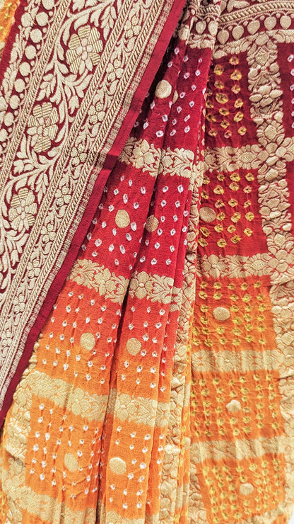 Pure Georgette Banarasi Bandhej Handloom Saree In Dual Shades Of Red/Yellow - Bharat Silk House