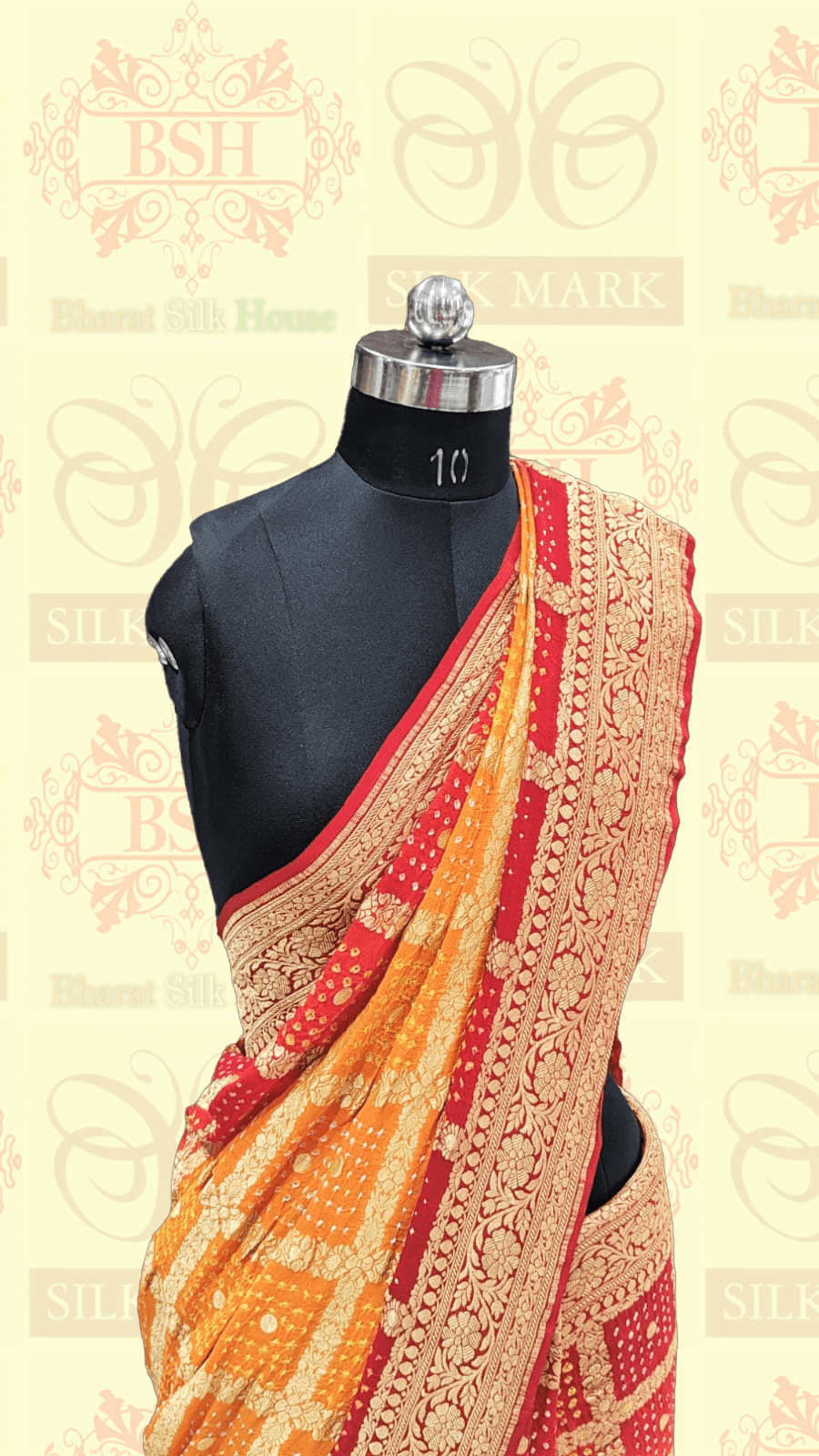 Pure Georgette Banarasi Bandhej Handloom Saree In Dual Shades Of Red/Yellow - Bharat Silk House