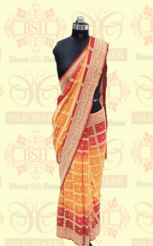 Pure Georgette Banarasi Bandhej Handloom Saree In Dual Shades Of Red/Yellow - Bharat Silk House