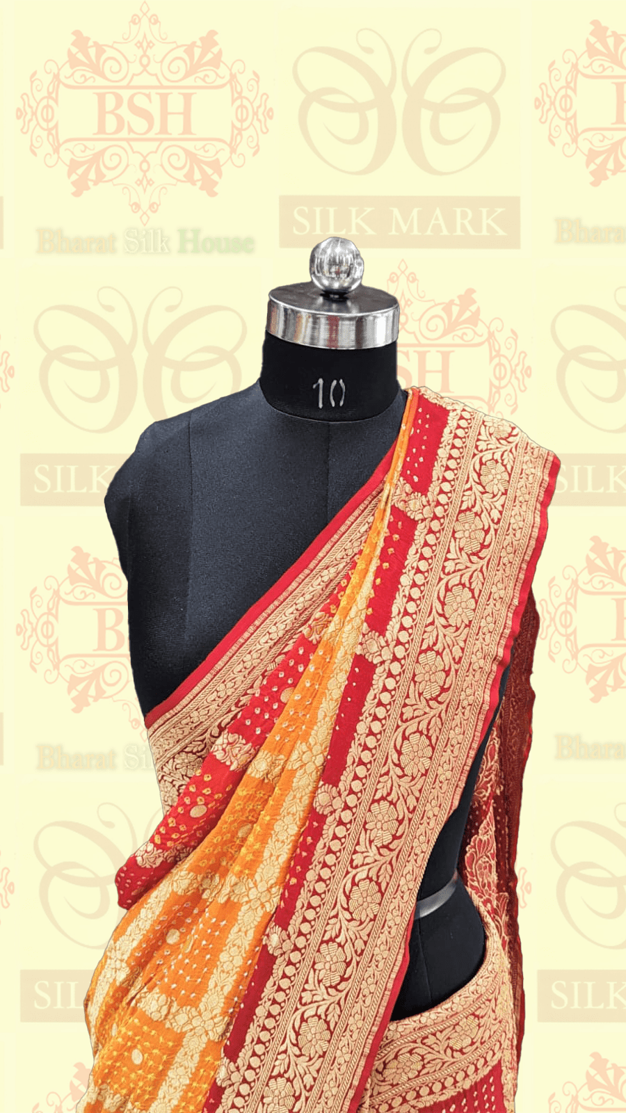 Pure Georgette Banarasi Bandhej Handloom Saree In Dual Shades Of Red/Yellow - Bharat Silk House