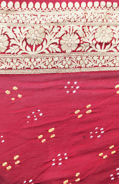 Pure Georgette Banarasi Bandhej Handloom Saree In Dual Shades Of Red/Yellow - Bharat Silk House