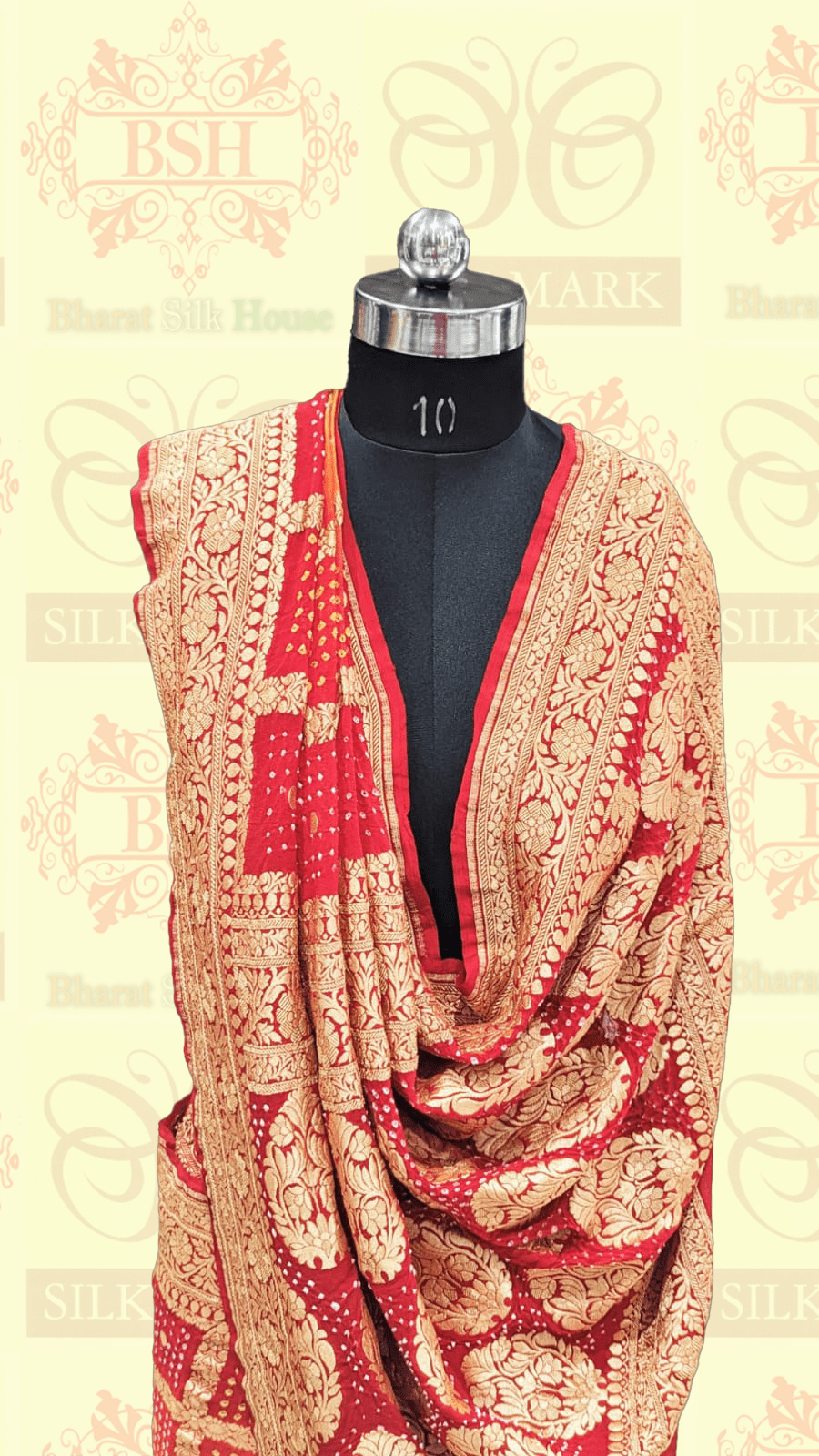 Pure Georgette Banarasi Bandhej Handloom Saree In Dual Shades Of Red/Yellow - Bharat Silk House