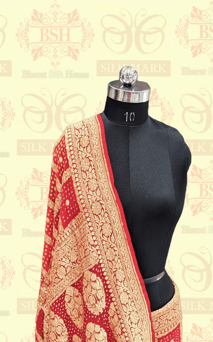 Pure Georgette Banarasi Bandhej Handloom Saree In Dual Shades Of Red/Yellow - Bharat Silk House