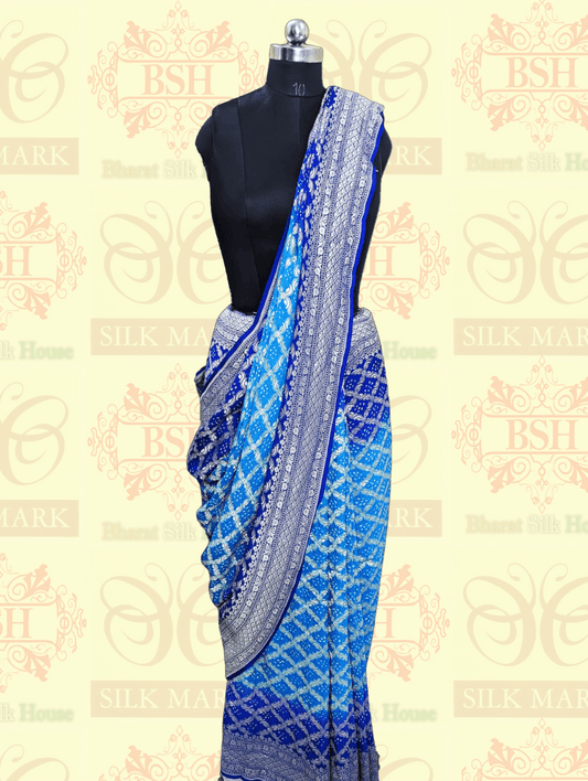 Pure Georgette Banarasi Bandhej Handloom Saree In Shades Of Peacock Royal - Bharat Silk House