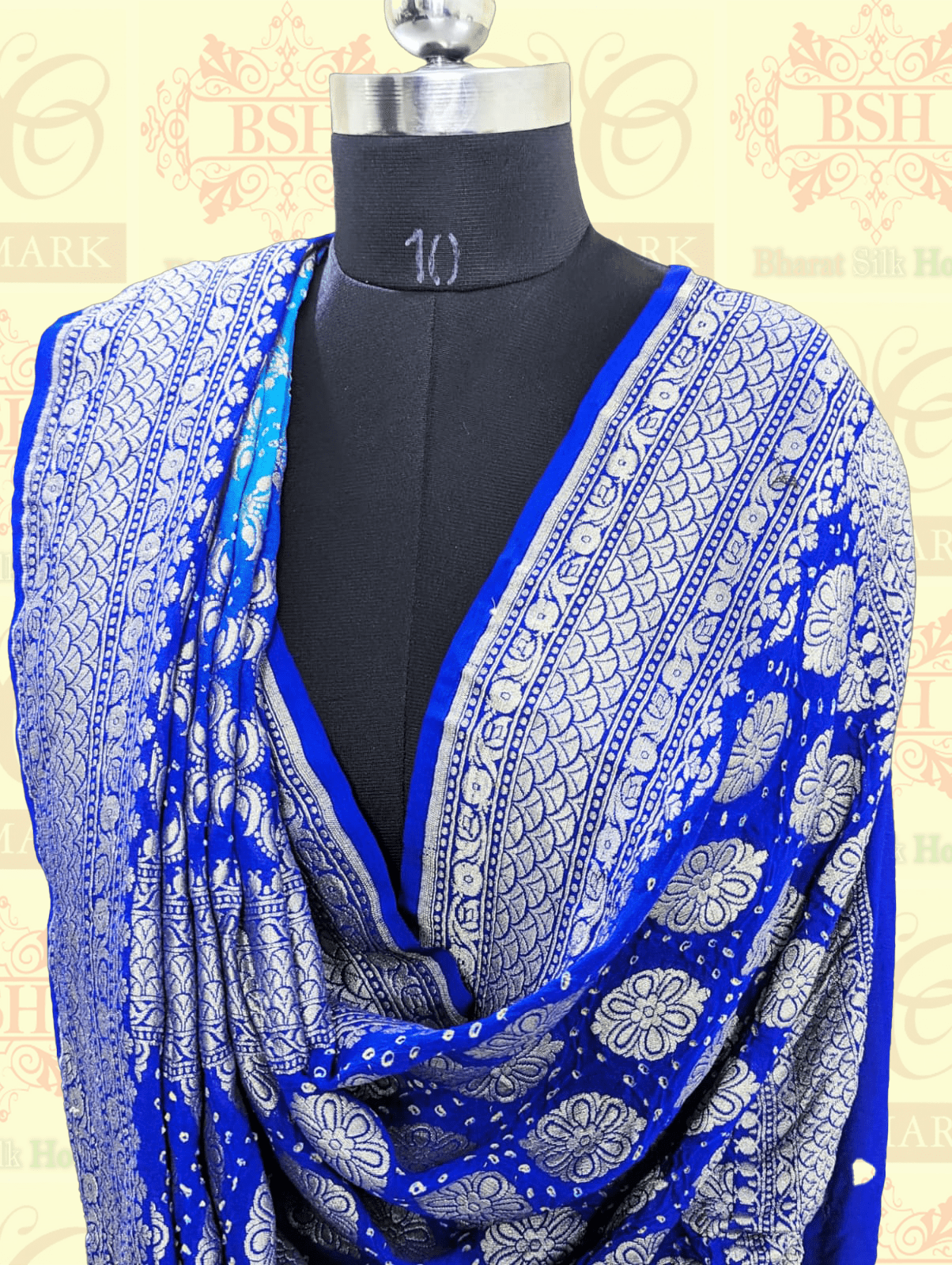 Pure Georgette Banarasi Bandhej Handloom Saree In Shades Of Peacock Royal - Bharat Silk House