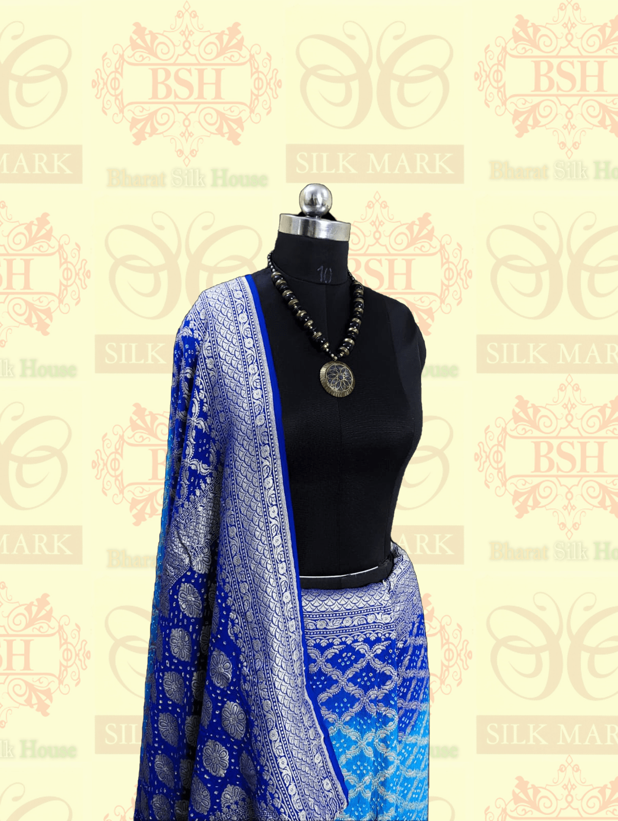 Pure Georgette Banarasi Bandhej Handloom Saree In Shades Of Peacock Royal - Bharat Silk House