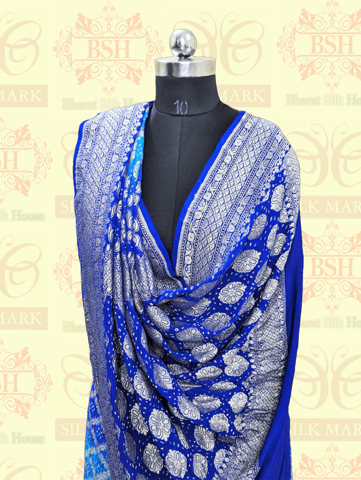 Pure Georgette Banarasi Bandhej Handloom Saree In Shades Of Peacock Royal - Bharat Silk House