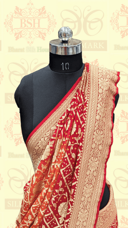 Pure Georgette Banarasi Bandhej Saree In Double Shades Of Red/Orange - Bharat Silk House