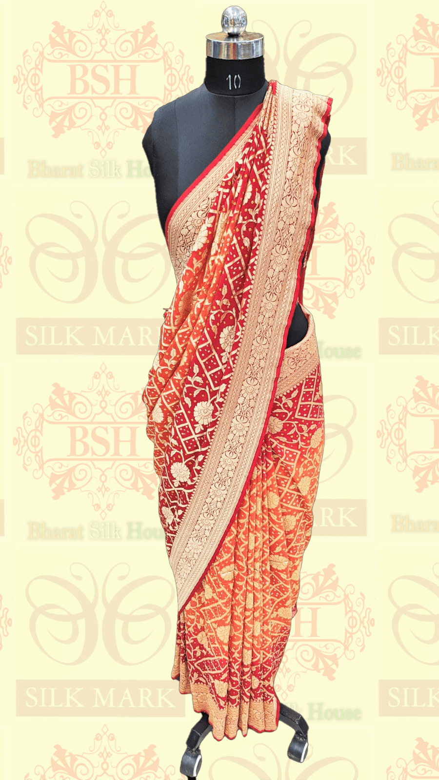 Pure Georgette Banarasi Bandhej Saree In Double Shades Of Red/Orange - Bharat Silk House