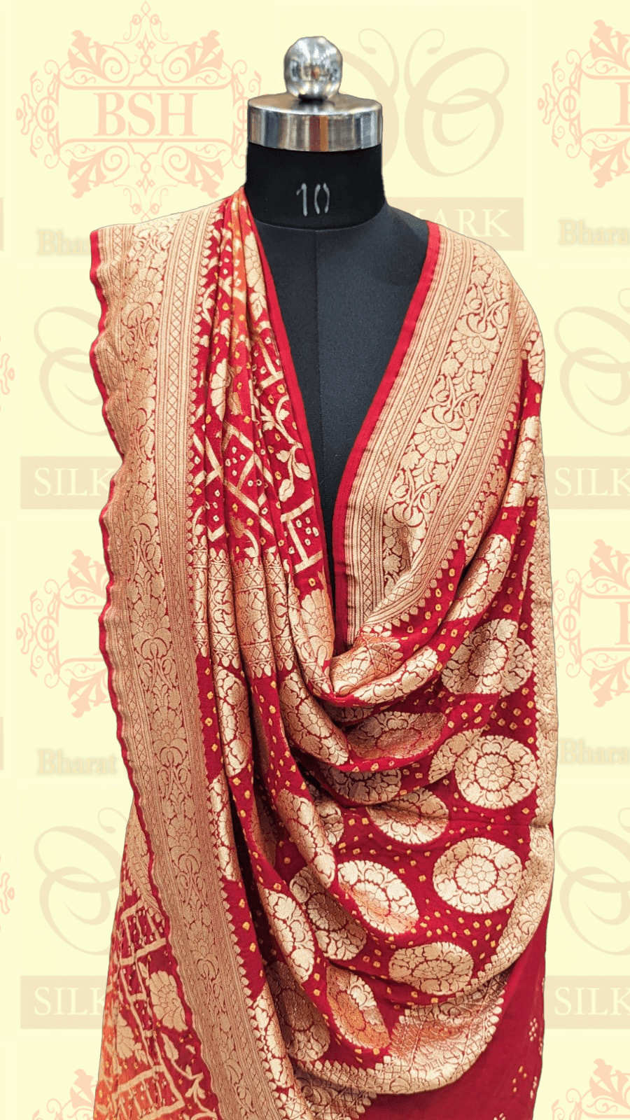 Pure Georgette Banarasi Bandhej Saree In Double Shades Of Red/Orange - Bharat Silk House