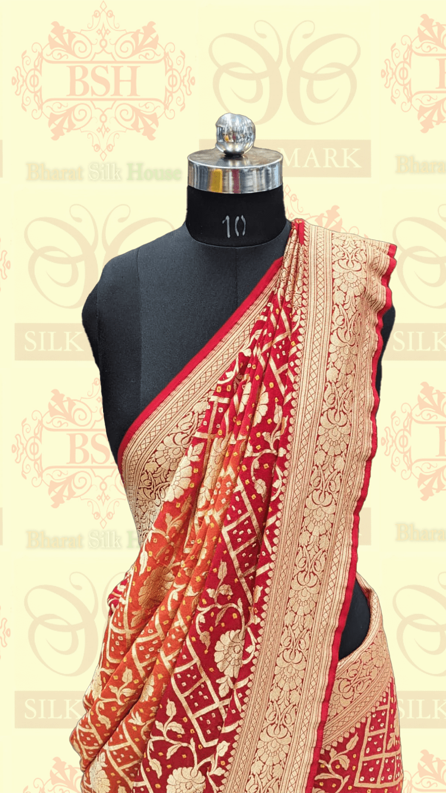 Pure Georgette Banarasi Bandhej Saree In Double Shades Of Red/Orange - Bharat Silk House