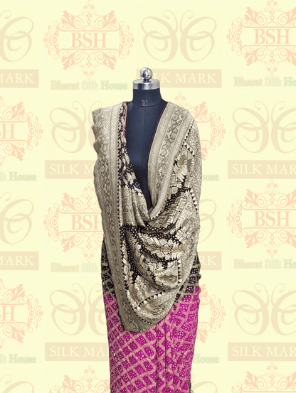 Pure Georgette Banarasi Handloom Bandhej Saree In Dual Shades Of Pink & Hickory Brown - Bharat Silk House