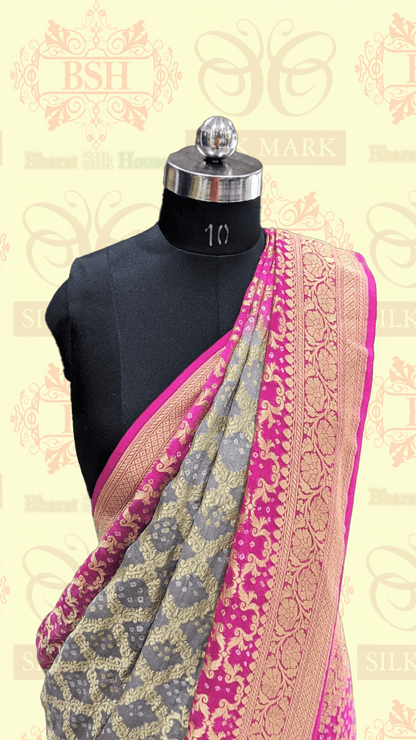 Pure Georgette Banarasi Handloom Bandhej Saree In Dual Shades Of Pink/Grey - Bharat Silk House