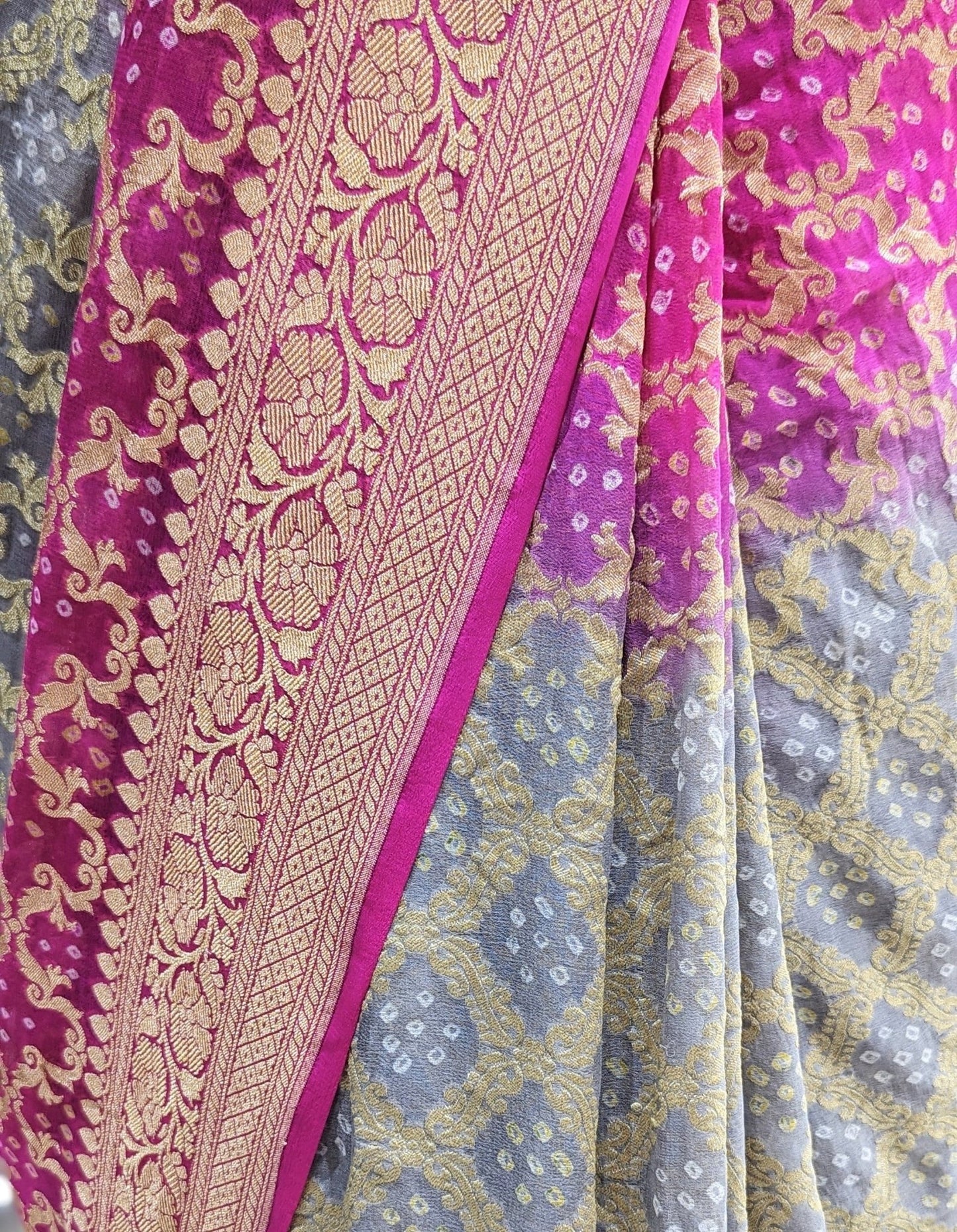 Pure Georgette Banarasi Handloom Bandhej Saree In Dual Shades Of Pink/Grey - Bharat Silk House