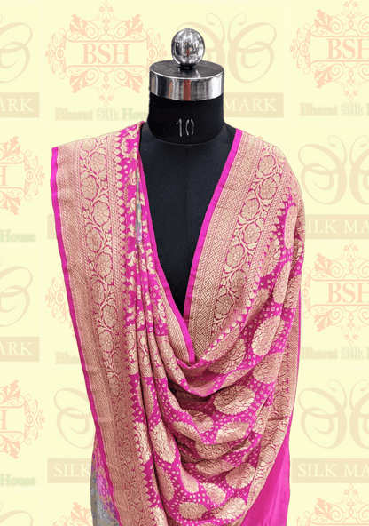 Pure Georgette Banarasi Handloom Bandhej Saree In Dual Shades Of Pink/Grey - Bharat Silk House