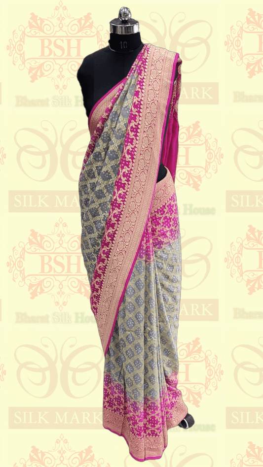 Pure Georgette Banarasi Handloom Bandhej Saree In Dual Shades Of Pink/Grey - Bharat Silk House