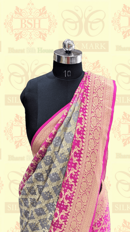 Pure Georgette Banarasi Handloom Bandhej Saree In Dual Shades Of Pink/Grey - Bharat Silk House