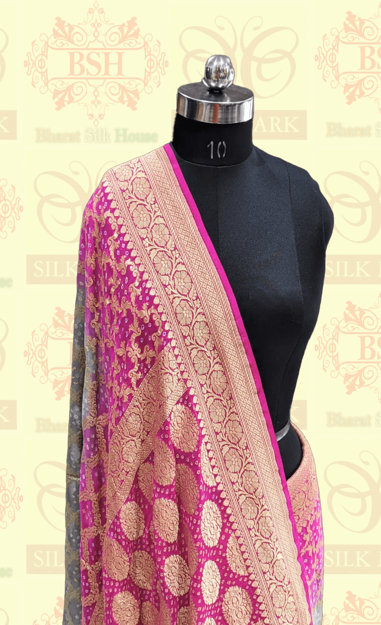 Pure Georgette Banarasi Handloom Bandhej Saree In Dual Shades Of Pink/Grey - Bharat Silk House