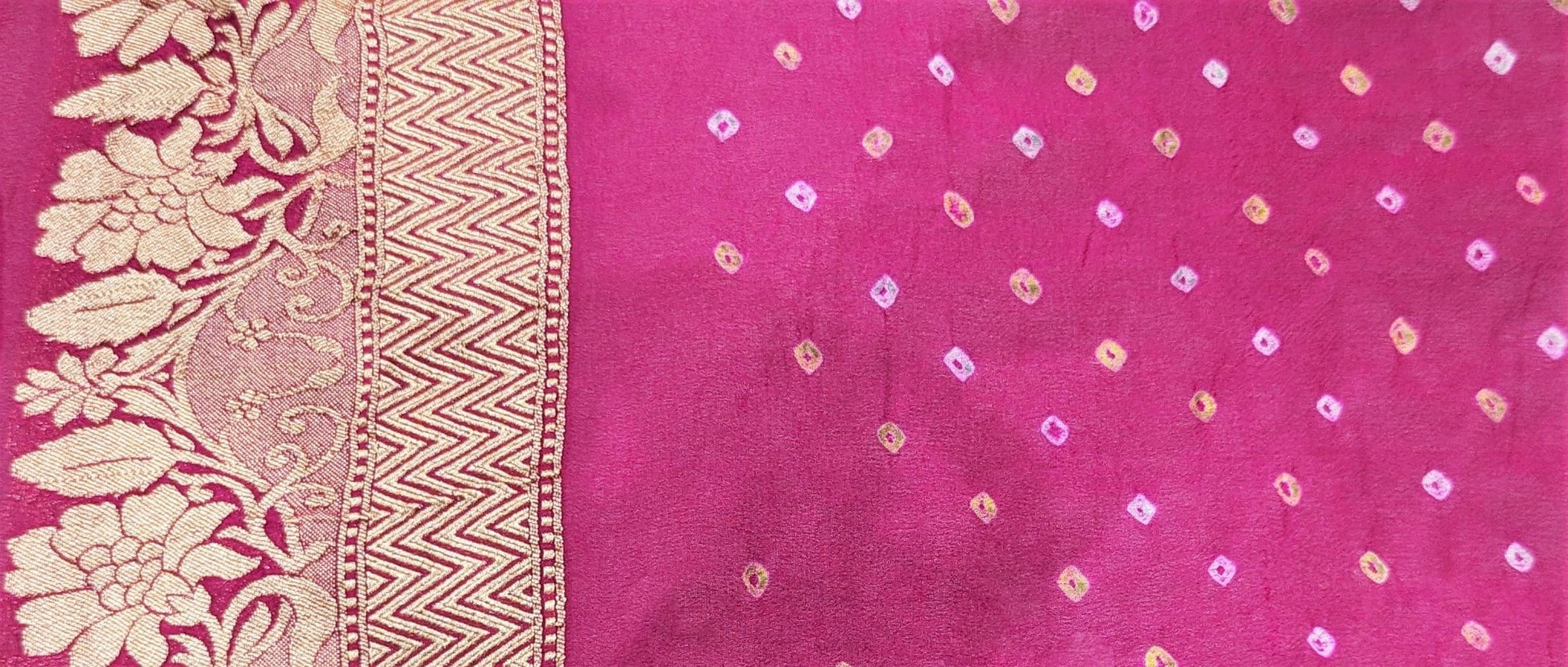 Pure Georgette Banarasi Handloom Bandhej Saree In Dual Shades Of Pink/Yellow - Bharat Silk House