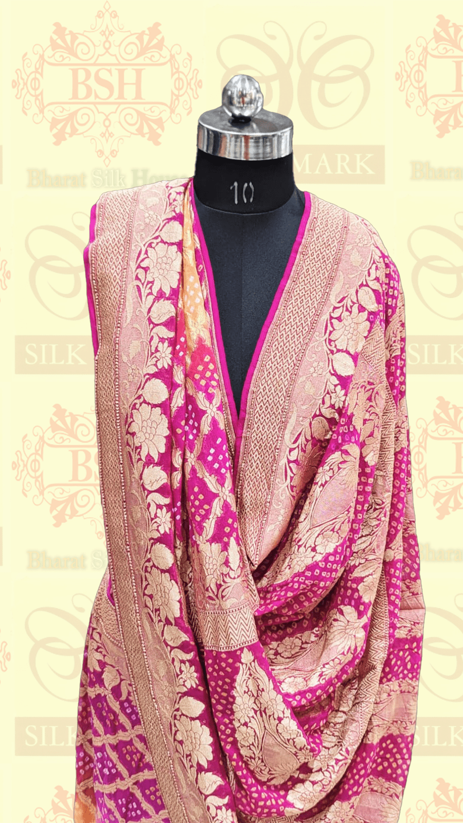 Pure Georgette Banarasi Handloom Bandhej Saree In Dual Shades Of Pink/Yellow - Bharat Silk House