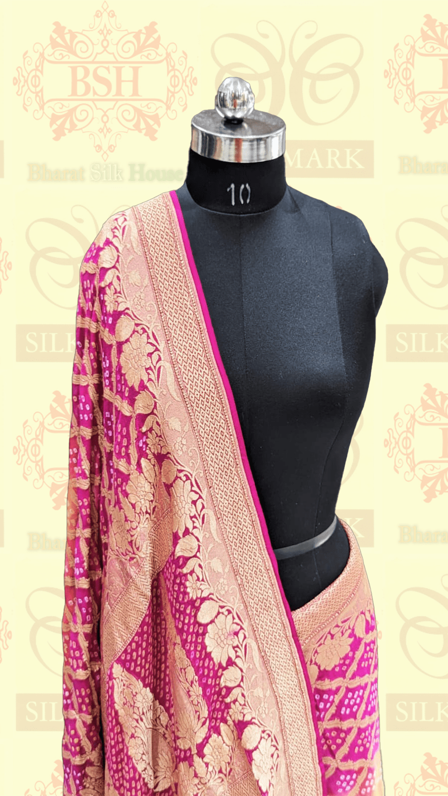 Pure Georgette Banarasi Handloom Bandhej Saree In Dual Shades Of Pink/Yellow - Bharat Silk House