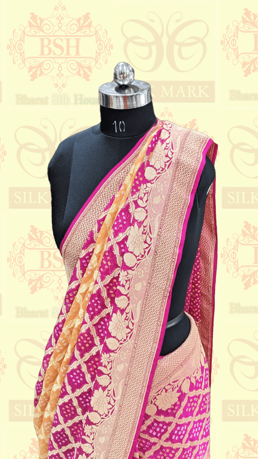 Pure Georgette Banarasi Handloom Bandhej Saree In Dual Shades Of Pink/Yellow - Bharat Silk House