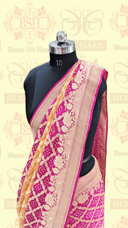 Pure Georgette Banarasi Handloom Bandhej Saree In Dual Shades Of Pink/Yellow - Bharat Silk House