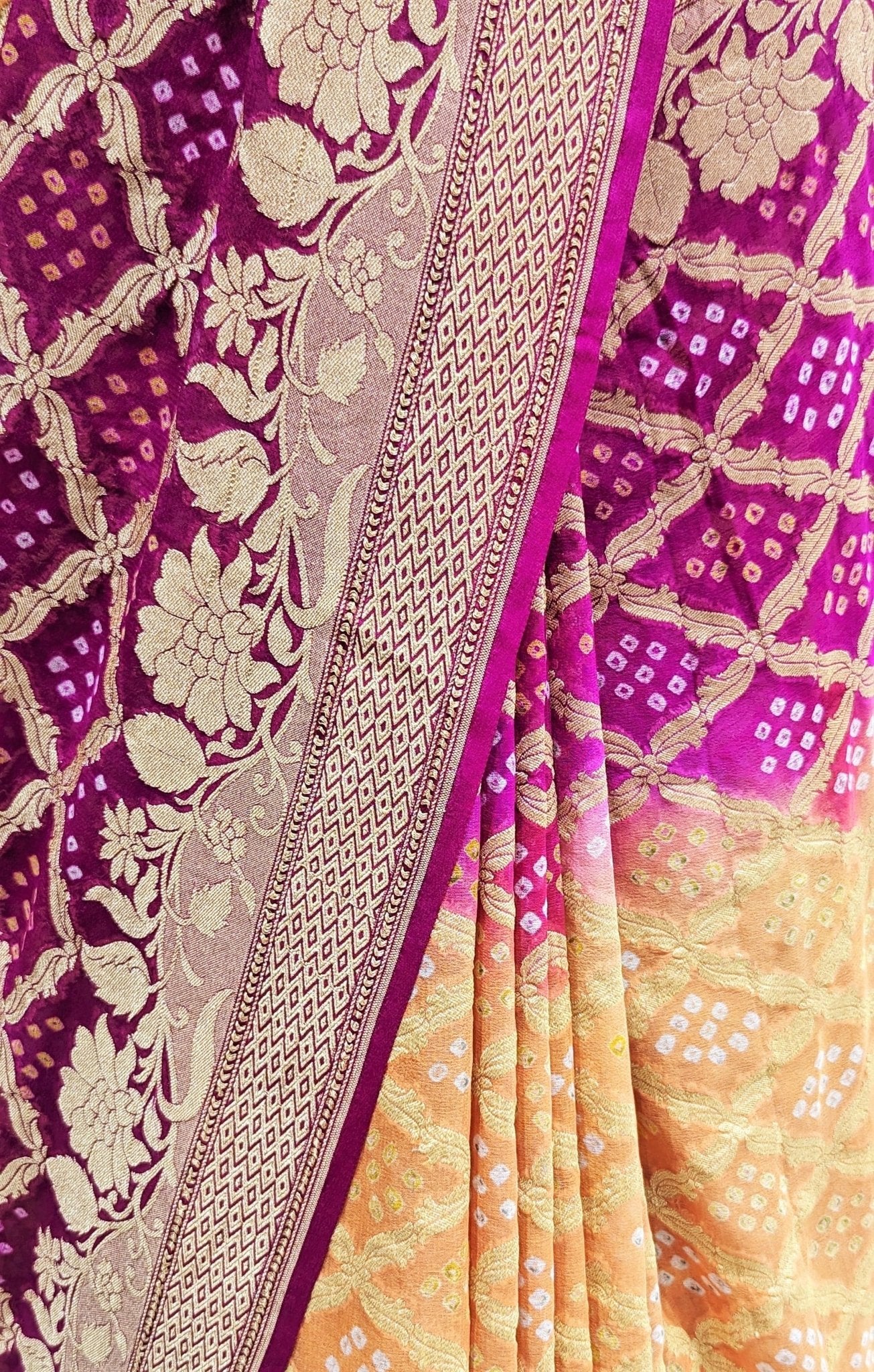 Pure Georgette Banarasi Handloom Bandhej Saree In Dual Shades Of Pink/Yellow - Bharat Silk House