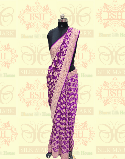 Pure Georgette Bandhani Handloom Saree In Shades Of Purple - Bharat Silk House