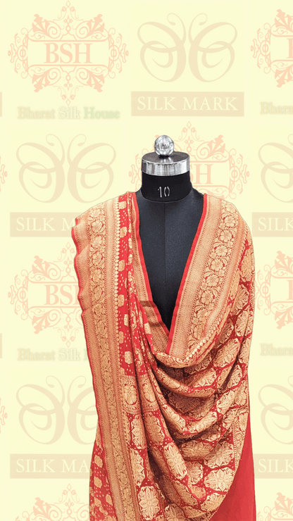 Pure Georgette Bandhani Handloom Saree In Shades Of Red/Orange - Bharat Silk House