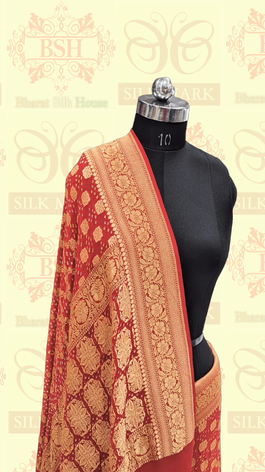 Pure Georgette Bandhani Handloom Saree In Shades Of Red/Orange - Bharat Silk House