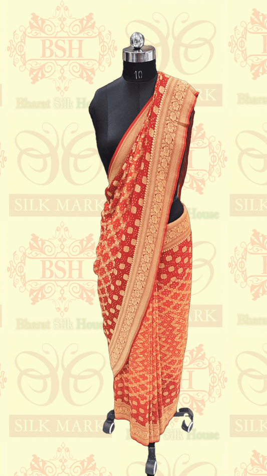 Pure Georgette Bandhani Handloom Saree In Shades Of Red/Orange - Bharat Silk House