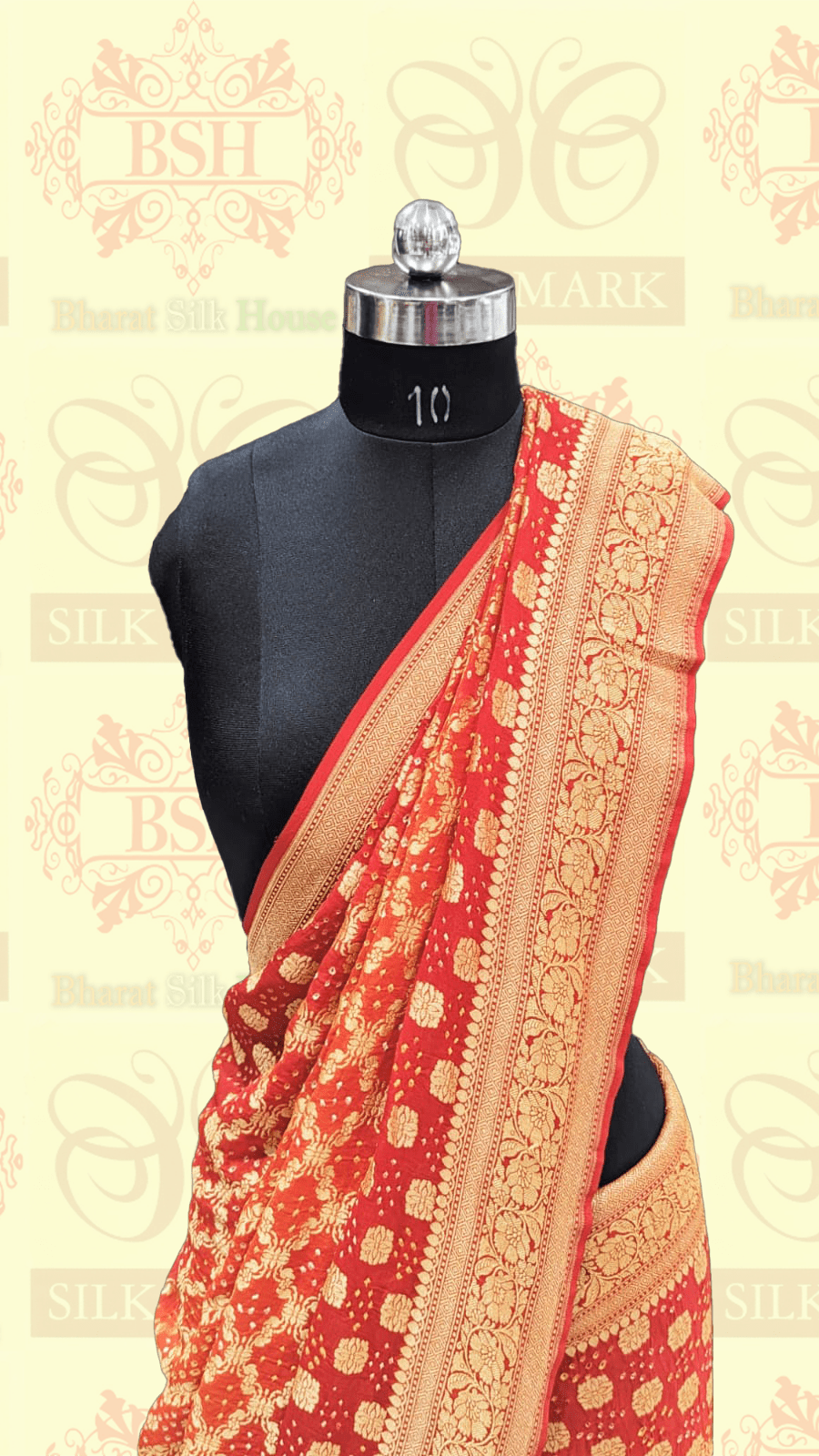 Pure Georgette Bandhani Handloom Saree In Shades Of Red/Orange - Bharat Silk House