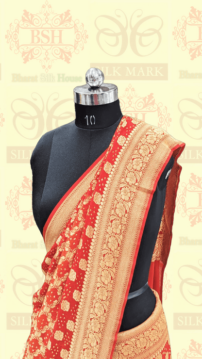 Pure Georgette Bandhani Handloom Saree In Shades Of Red/Orange - Bharat Silk House