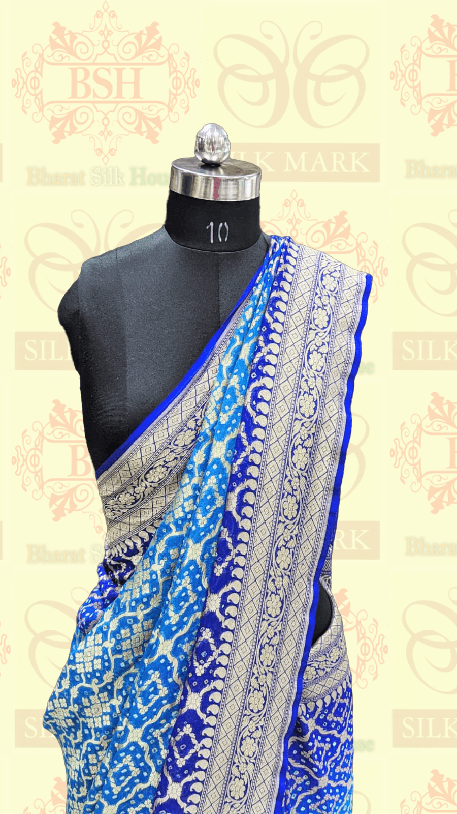 Pure Georgette Bandhej Banarasi Handloom Saree In Dual Shades Of Blue - Bharat Silk House