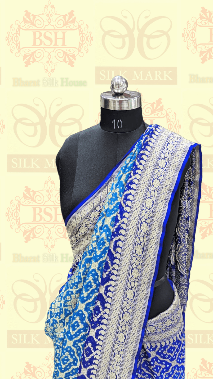 Pure Georgette Bandhej Banarasi Handloom Saree In Dual Shades Of Blue - Bharat Silk House