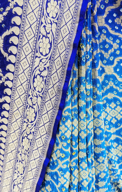 Pure Georgette Bandhej Banarasi Handloom Saree In Dual Shades Of Blue - Bharat Silk House