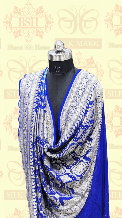 Pure Georgette Bandhej Banarasi Handloom Saree In Dual Shades Of Blue - Bharat Silk House